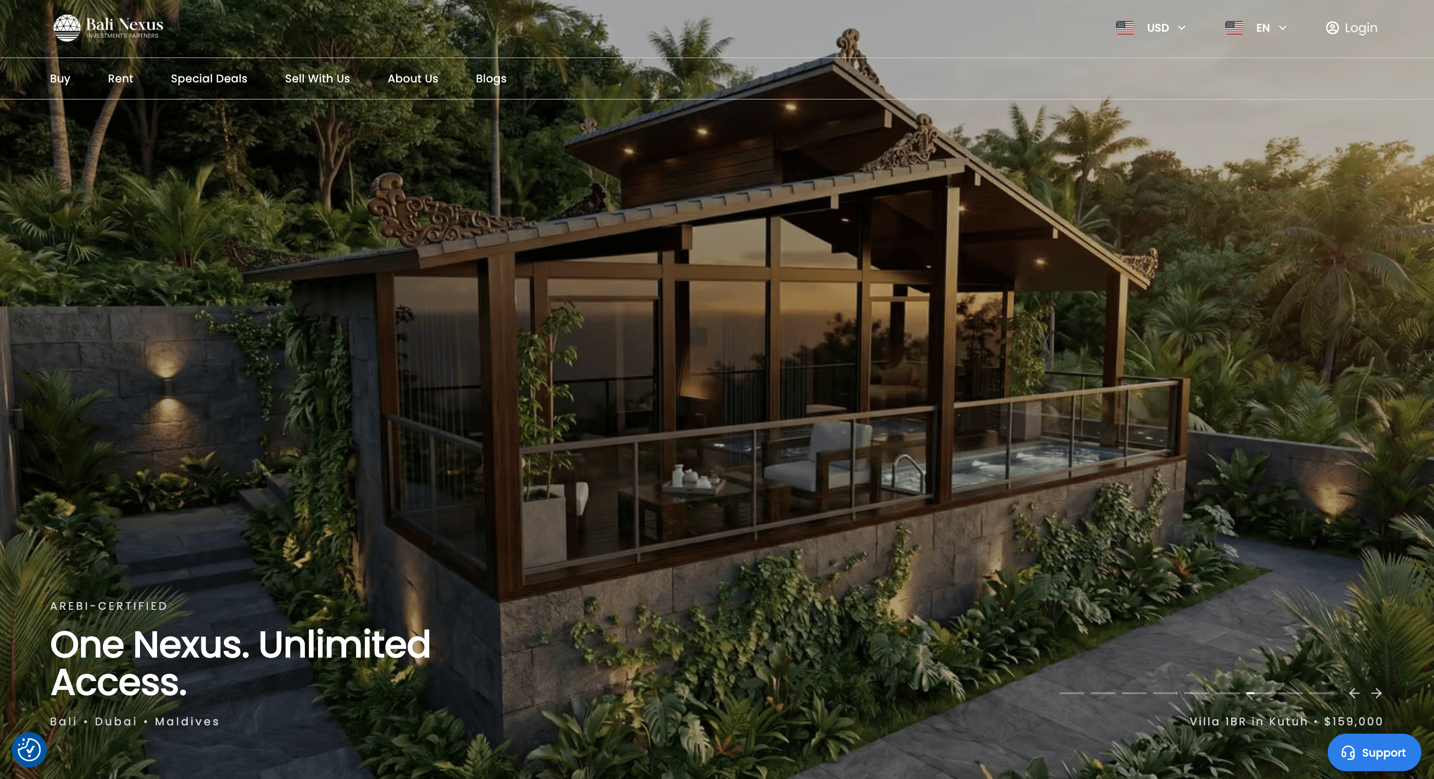 Bali Nexus real estate platform homepage displaying luxury property listings and advanced search filters