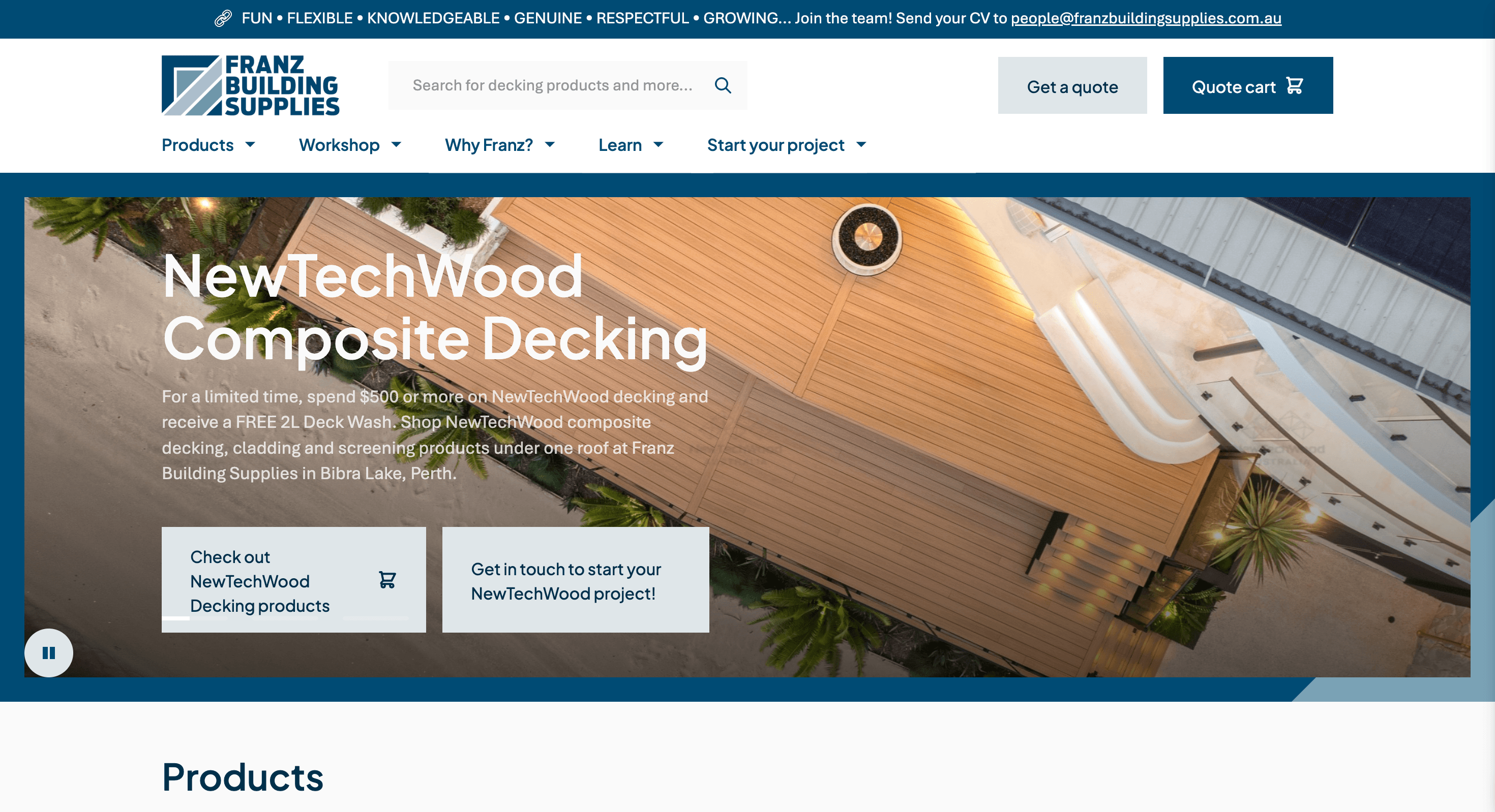 Franz Building Supplies website homepage displaying construction materials, timber, and hardware products