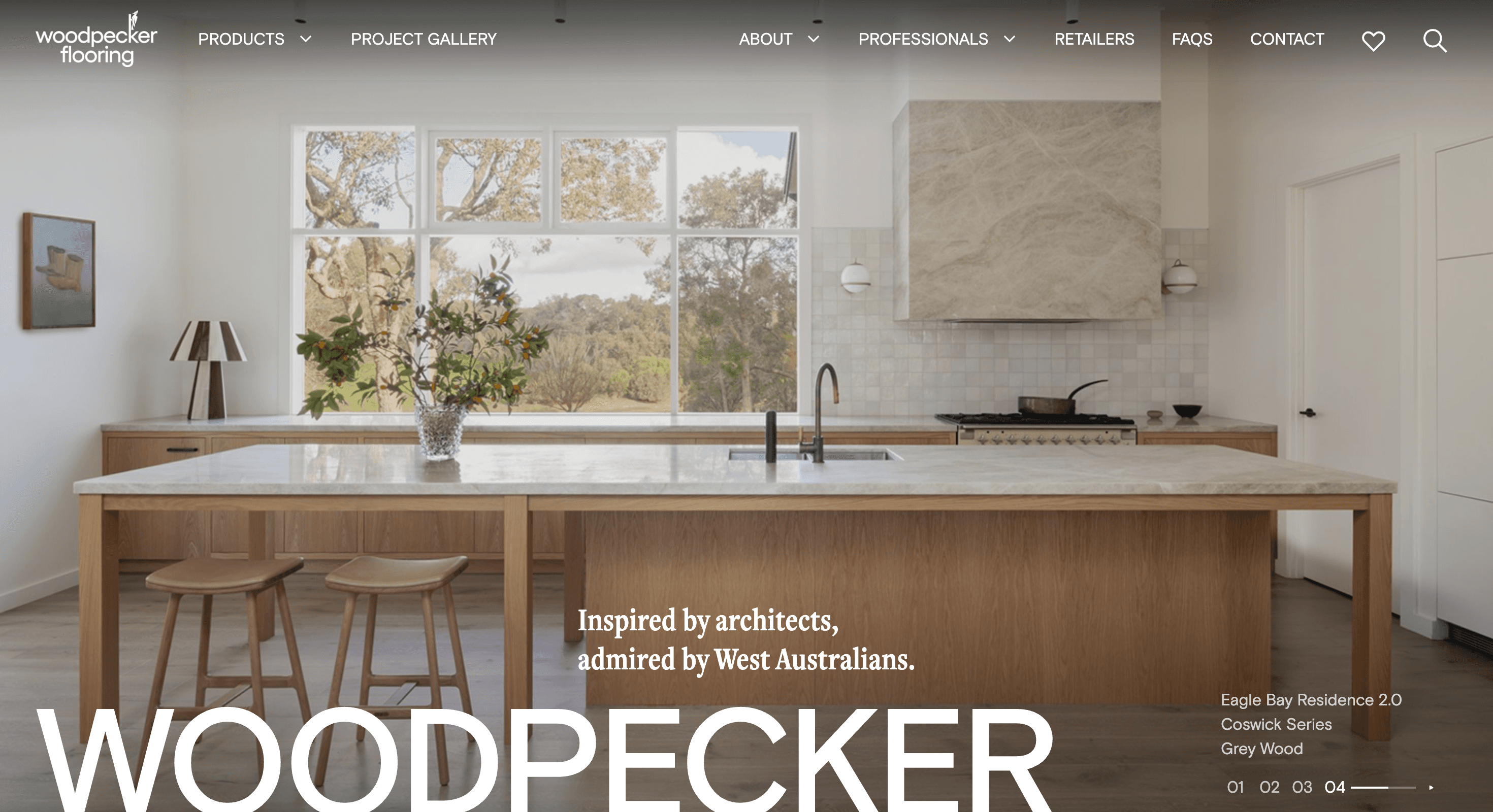 Woodpecker Flooring website homepage showcasing premium timber and laminate product collections