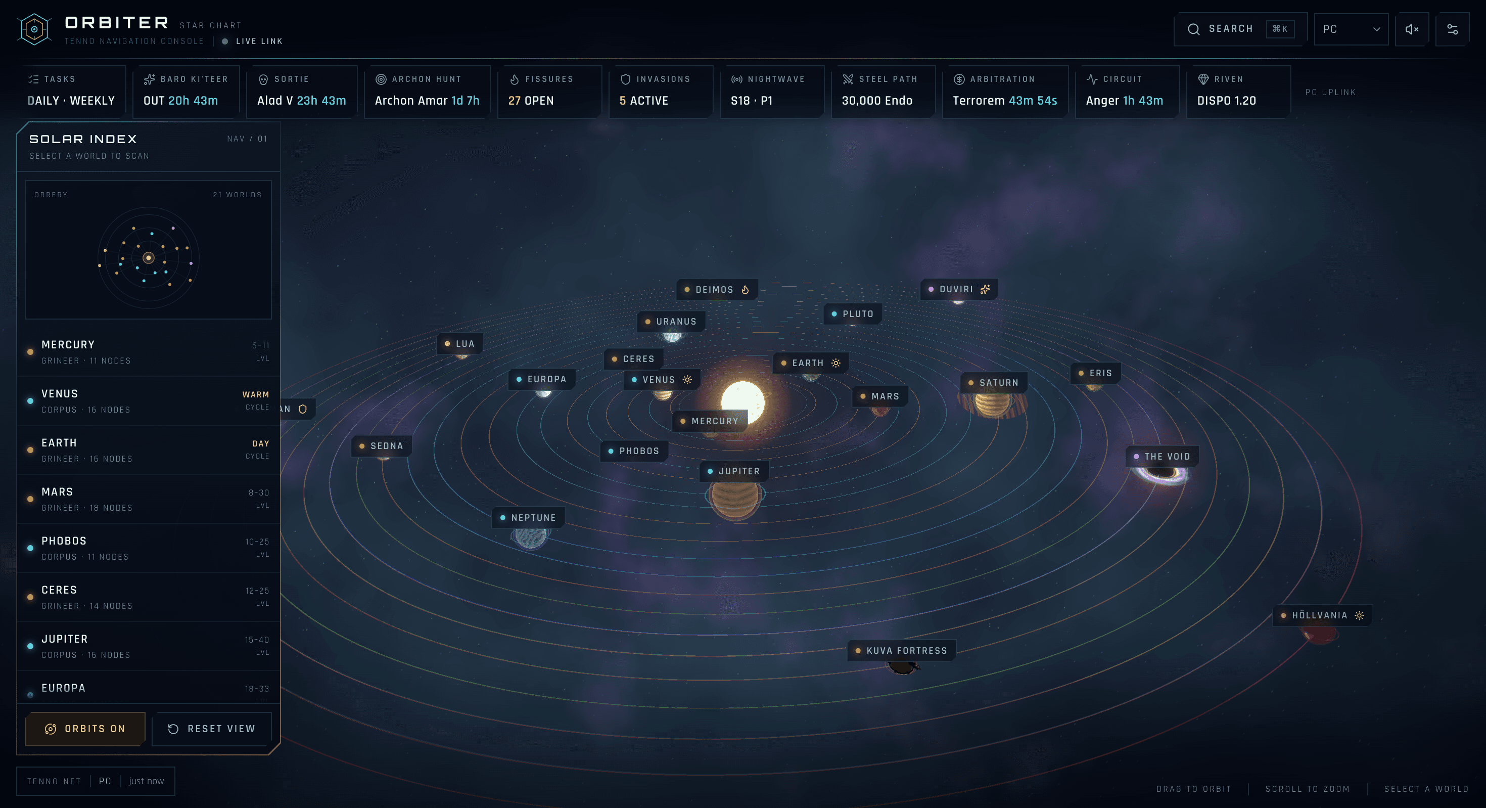 Orbiter interactive 3D star chart interface displaying a Warframe planet with live worldstate data and navigation panels